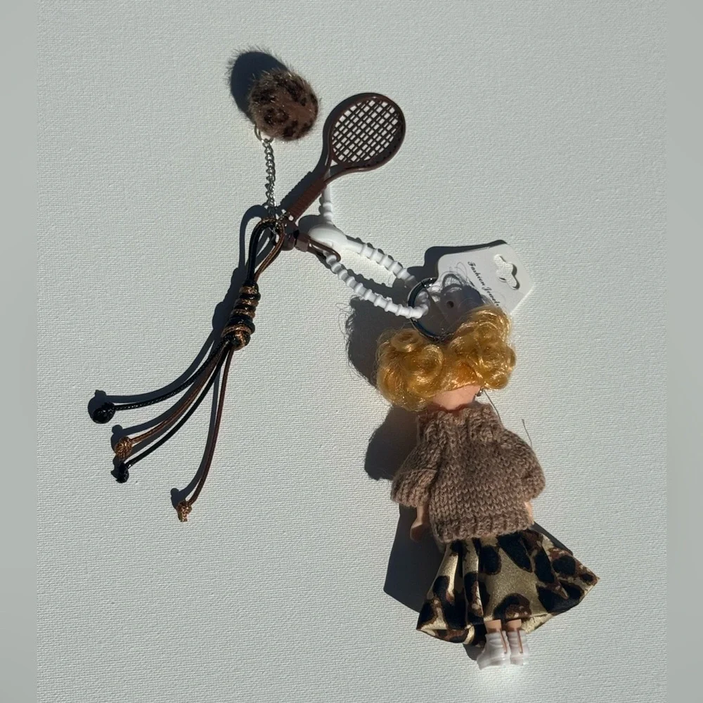 NWT! Doll Keychain with Heart Sweater and Patterned Skirt Tennis keychain